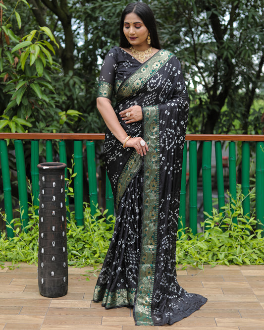 Premium Black Dual Colour Bandhej Silk Saree with Zari Weaving Border and Bandhej Pallu – Soft, Lightweight, and Stylish.