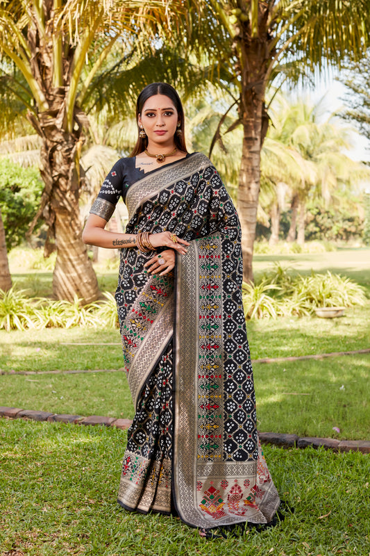 Black Gharchola Bandhej Silk Sarees With Handmade Blouse