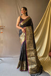 Beautiful Black Color Soft Silk Saree with Silver & Gold Zari Checks, Gold Zari Woven Broad Border, Elegant Pallu | Unstitched Blouse Piece.