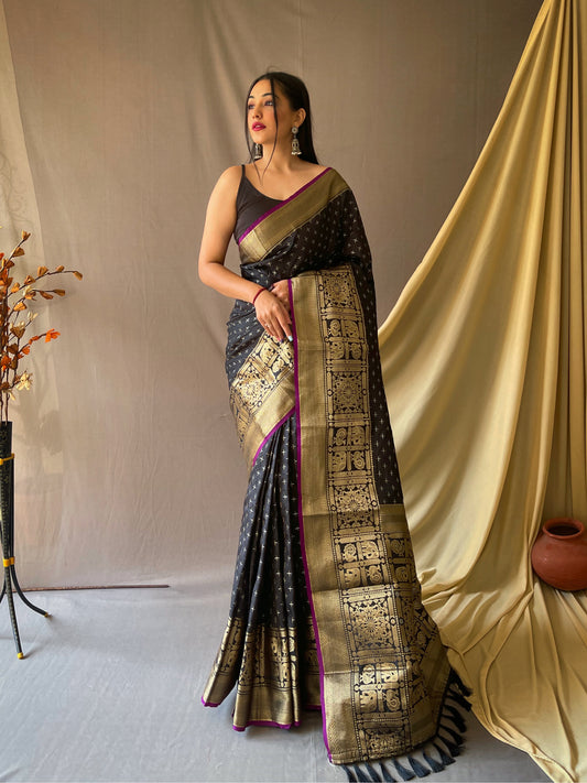 Beautiful Black Color Soft Silk Saree with Silver & Gold Zari Checks, Gold Zari Woven Broad Border, Elegant Pallu | Unstitched Blouse Piece.