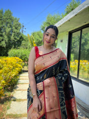 Black Pure Soft Paithani Silk Saree with Rich Woven Paithani Pallu - All-Over 3D Traditional Design Patterns in Gold and Silver Zari.