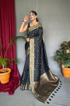 Black Color Pure Soft Silk Saree with Copper & Golden Zari Woven Border, Rich Pallu with Beautiful Motifs & Elegant Color Combination | Three Zari Used, Unstitched Blouse Included.