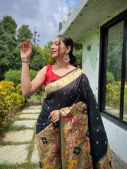 Black Color Pure Paithani Silk Saree with Traditional Paithani Border and Unique Motif Patterns - Contrast Richly Woven Pallu and Meenakari Motif Blouse.