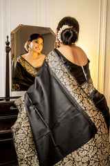 Black Handloom Raw Silk Saree With Blouse For Women