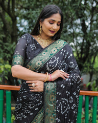 Premium Black Dual Colour Bandhej Silk Saree with Zari Weaving Border and Bandhej Pallu – Soft, Lightweight, and Stylish.