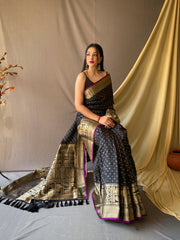 Beautiful Black Color Soft Silk Saree with Silver & Gold Zari Checks, Gold Zari Woven Broad Border, Elegant Pallu | Unstitched Blouse Piece.