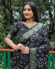 Premium Black Dual Colour Bandhej Silk Saree with Zari Weaving Border and Bandhej Pallu – Soft, Lightweight, and Stylish.