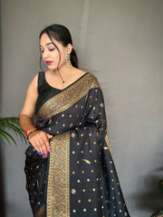 Black Color Pure Soft Silk Saree with Copper & Golden Zari Woven Border, Rich Pallu with Beautiful Motifs & Elegant Color Combination | Three Zari Used, Unstitched Blouse Included.