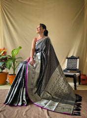 Elegant Black Khicha Checks Saree in Soft Litchi Silk with Rich Pallu, Attractive Border & Exquisite Patterns.