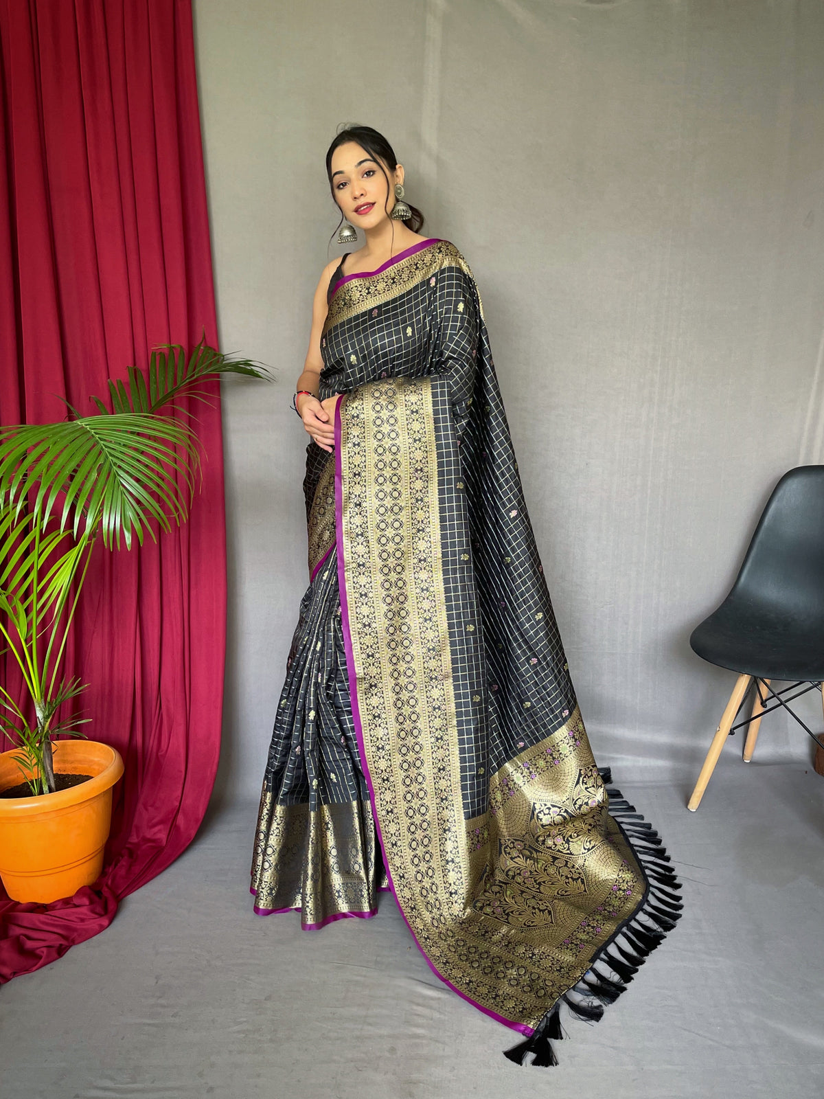 Black Handloom Saree with Gold Jacquard Border