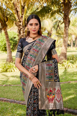 Premium Black Gharchola Bandhej Silk Sarees | High-Quality, Comfortable Bandhej Drapes with Minakari Jari Border, Paithani Rich Pallu & Handmade Blouse.