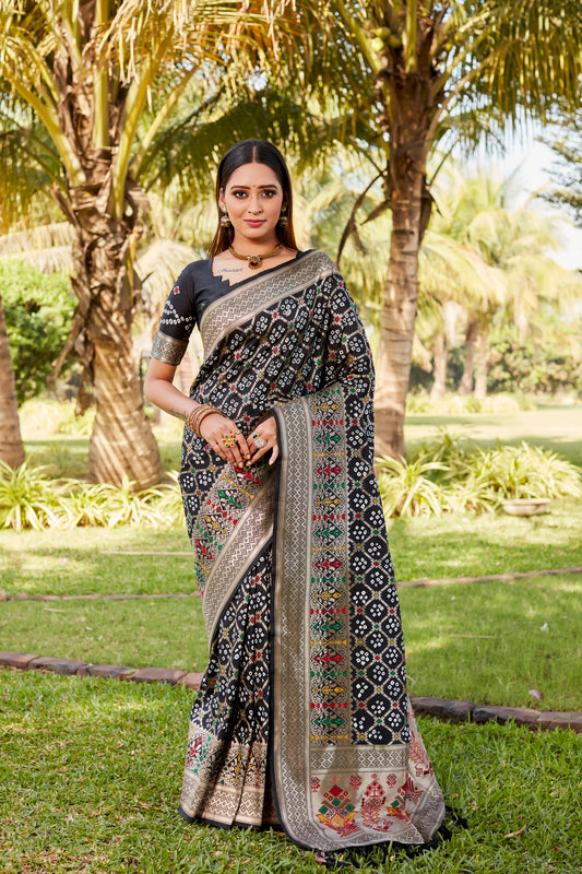 Black Gharchola Bandhej Silk Sarees With Handmade Blouse