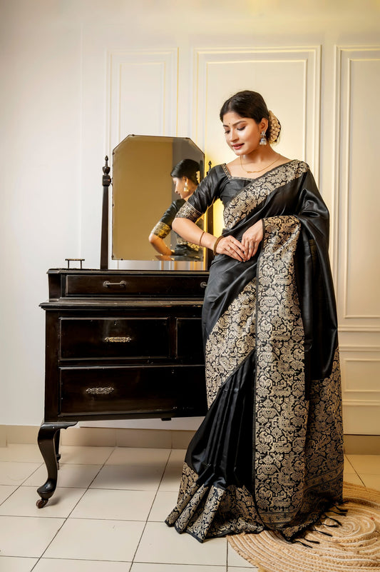 Black Handloom Raw Silk Saree With Blouse For Women