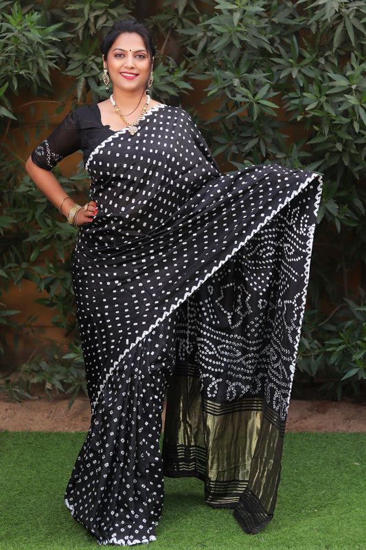 Premium Black Pure Bandhej Silk Saree with Lagdi Patta Zari Weaving & Rich Pallu | Includes Bandhej Design Blouse.