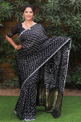 Black Pure Bandhej Silk Saree with Lagdi Patta Zari Weaving