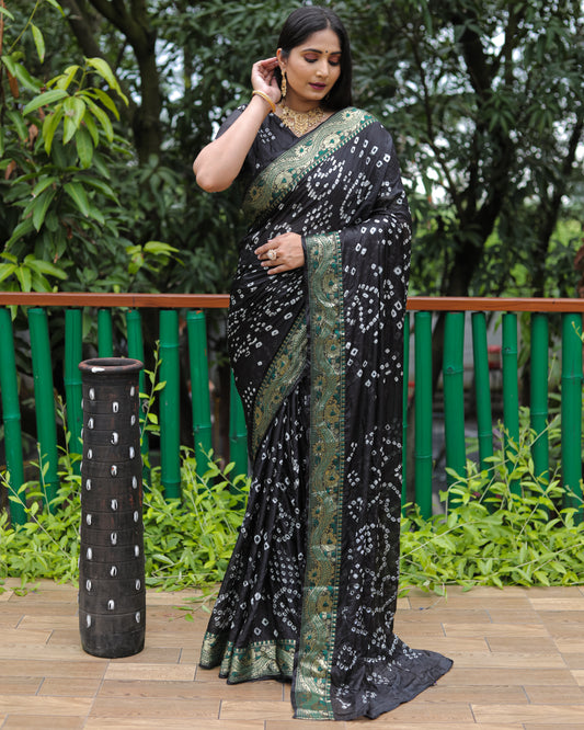 Black Dual Colour Bandhej Silk Lightweight Saree For Weddings