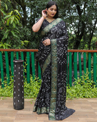 Premium Black Dual Colour Bandhej Silk Saree with Zari Weaving Border and Bandhej Pallu – Soft, Lightweight, and Stylish.