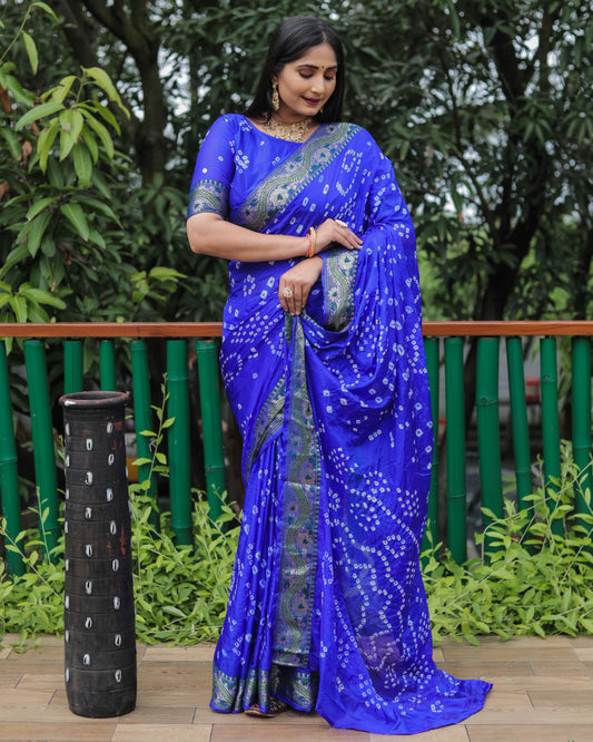 Blue Dual Colour Bandhej Silk Lightweight Saree For Weddings