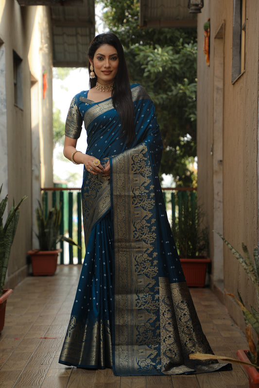 Premium Blue Handmade Bandhej Kanjivaram Silk Saree | Stylish & Comfortable with Zari Weaving, Rich Pallu & Kanjivaram Border Blouse.