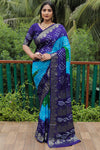 Elegant Blue Bandhej Silk Sarees | Premium Quality with Zari Weaving, Rich Pallu, and Broad Border Design.