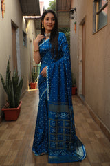 Exquisite Blue Bandhej Silk Saree with Checks Pattern Pallu – Luxurious Handmade Design and Matching Bandhej Blouse.