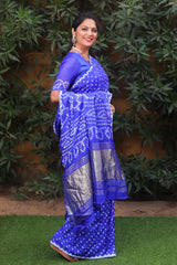 Premium Blue Pure Bandhej Silk Saree with Lagdi Patta Zari Weaving & Rich Pallu | Includes Bandhej Design Blouse.