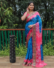 Luxurious Blue Dual Colour Bandhej Silk Saree with Zari Weaving and Broad Border – Soft, Lightweight, and Stylish.