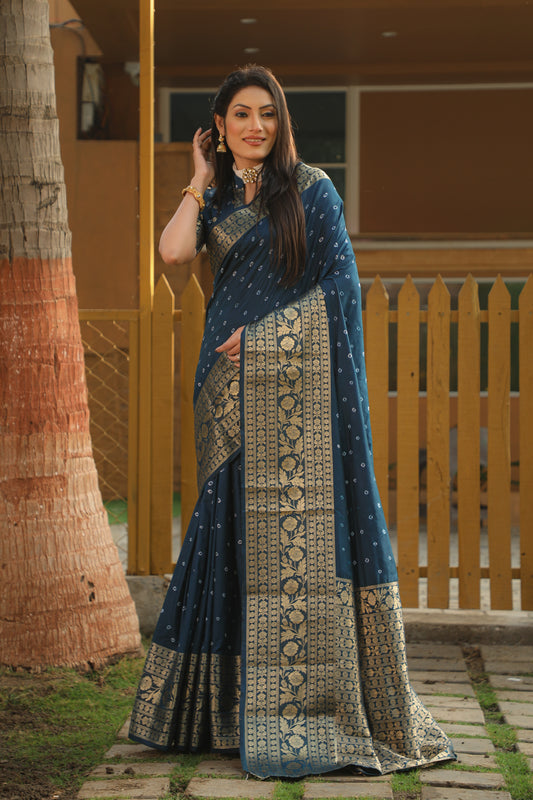 Blue Handmade Bandhej Kanjivaram Silk Saree For Wedding