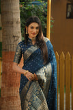 Blue Handmade Bandhej Kanjivaram Silk Saree For Wedding