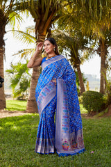 Luxurious Blue Gharchola Bandhej Silk Sarees | High-Quality Bandhej with Zari Weaving, Paithani Rich Pallu, and Handmade Blouse.