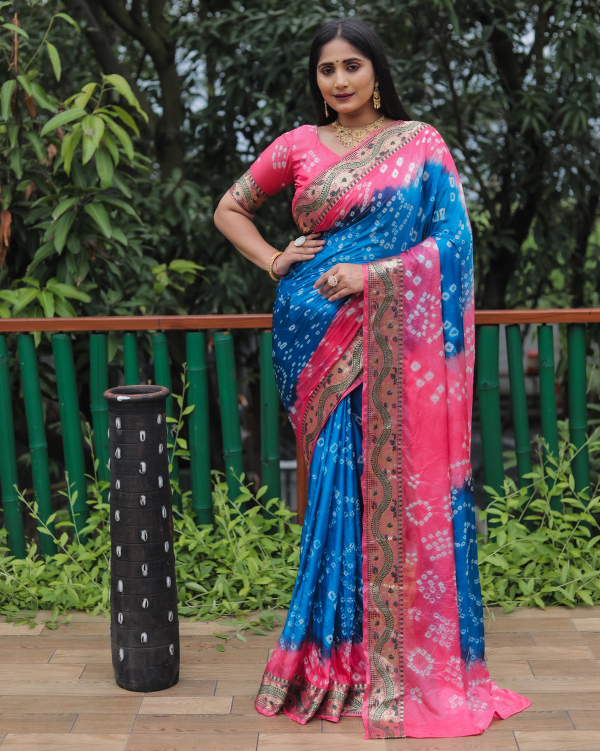 Luxurious Blue Dual Colour Bandhej Silk Saree with Zari Weaving and Broad Border – Soft, Lightweight, and Stylish.