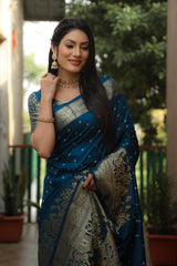 Blue Color Handmade Bandhej Kanjivaram Silk Saree For Women