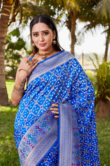 Luxurious Blue Gharchola Bandhej Silk Sarees | High-Quality Bandhej with Zari Weaving, Paithani Rich Pallu, and Handmade Blouse.