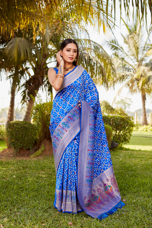 Luxurious Blue Gharchola Bandhej Silk Sarees | High-Quality Bandhej with Zari Weaving, Paithani Rich Pallu, and Handmade Blouse.