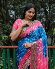 Luxurious Blue Dual Colour Bandhej Silk Saree with Zari Weaving and Broad Border – Soft, Lightweight, and Stylish.