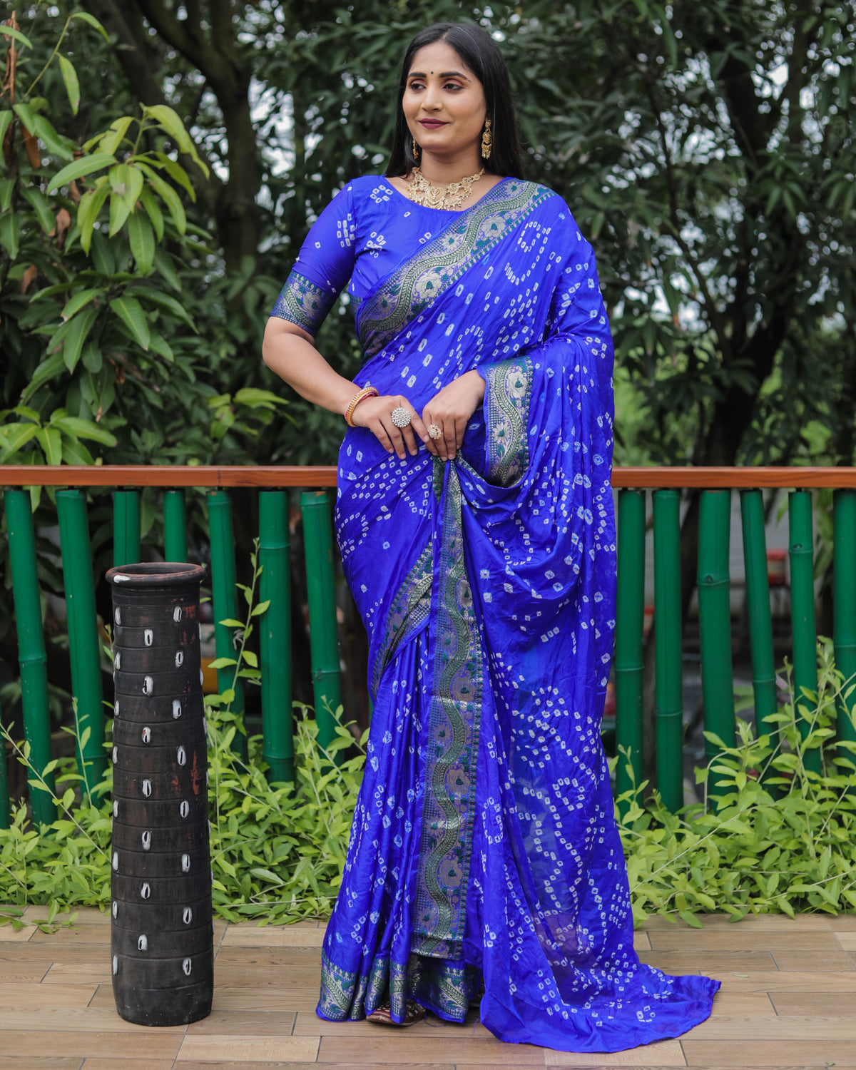 Premium Blue Dual Colour Bandhej Silk Saree with Zari Weaving Border and Bandhej Pallu – Soft, Lightweight, and Stylish.