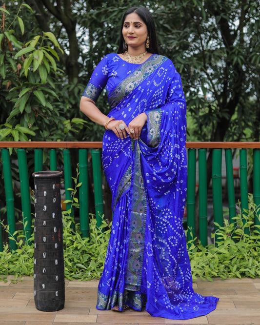 Blue Dual Colour Bandhej Silk Lightweight Saree For Weddings