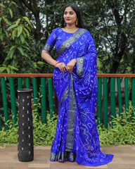 Premium Blue Dual Colour Bandhej Silk Saree with Zari Weaving Border and Bandhej Pallu – Soft, Lightweight, and Stylish.