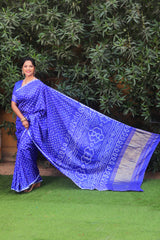 Premium Blue Pure Bandhej Silk Saree with Lagdi Patta Zari Weaving & Rich Pallu | Includes Bandhej Design Blouse.