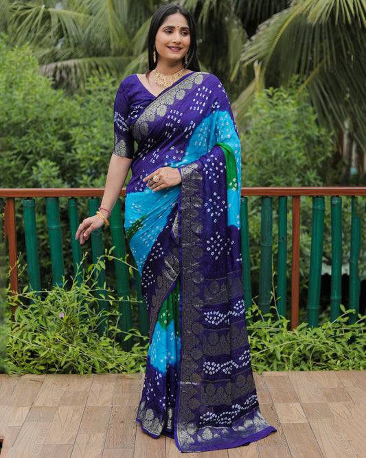 Blue Bandhej Silk Sarees For Weddings