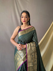 Beautiful Dark Green Color Soft Silk Saree with Silver & Gold Zari Checks, Gold Zari Woven Broad Border, Elegant Pallu | Unstitched Blouse Piece.