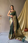 Beautiful Dark Green Color Soft Silk Saree with Silver & Gold Zari Checks, Gold Zari Woven Broad Border, Elegant Pallu | Unstitched Blouse Piece.