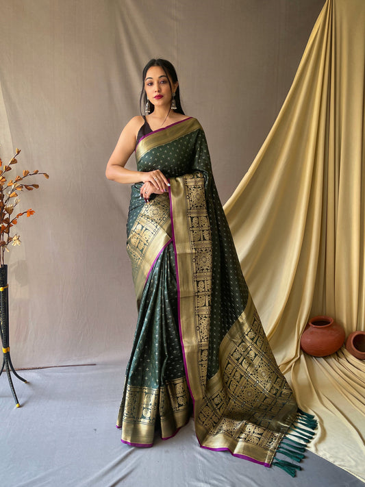 Beautiful Dark Green Color Soft Silk Saree with Silver & Gold Zari Checks, Gold Zari Woven Broad Border, Elegant Pallu | Unstitched Blouse Piece.