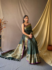 Beautiful Dark Green Color Soft Silk Saree with Silver & Gold Zari Checks, Gold Zari Woven Broad Border, Elegant Pallu | Unstitched Blouse Piece.