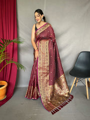 Exquisite Brown Handloom Saree with Superb Antique Weaving: Heavy Gold Jacquard Border, Small Motifs, and Meena Work with Unstitched Blouse Piece.