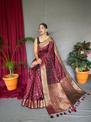 Brown Color Pure Soft Silk Saree with Copper & Golden Zari Woven Border, Rich Pallu with Beautiful Motifs & Elegant Color Combination | Three Zari Used, Unstitched Blouse Included.