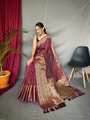 Exquisite Brown Handloom Saree with Superb Antique Weaving: Heavy Gold Jacquard Border, Small Motifs, and Meena Work with Unstitched Blouse Piece.