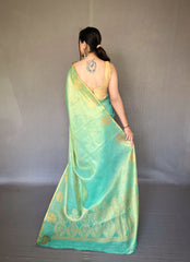 "Elegant Sea Green Tissue Silk Saree with Jacquard Zari Weaving - Rich Pallu, Jacquard Weaving Border, and Beautiful Motifs | 6.3 Meter Length with Blouse.