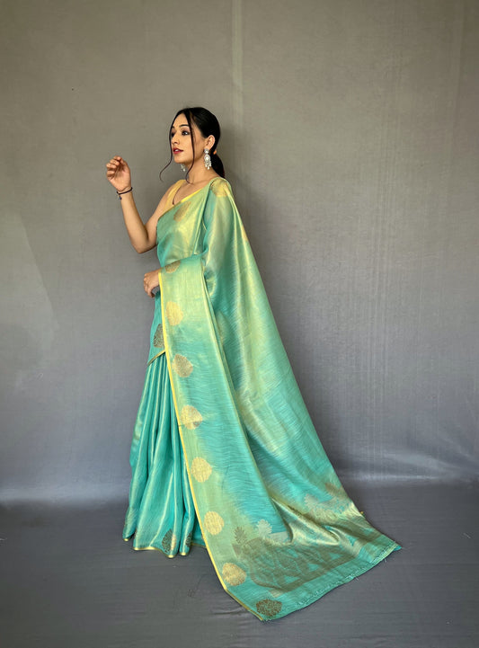 Sea Green Tissue Silk Saree with Jacquard Zari Weaving