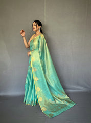 "Elegant Sea Green Tissue Silk Saree with Jacquard Zari Weaving - Rich Pallu, Jacquard Weaving Border, and Beautiful Motifs | 6.3 Meter Length with Blouse.